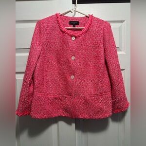 Talbots TWEED PEPLUM JACKET Blazer Hot Pink Sz 14P Fringe